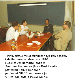 TKK:n akateemikot teknillisen fysiikan osaston kahvihuoneessa elokuussa 1970.